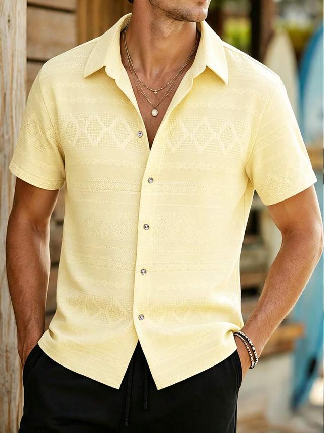 yellow textured short sleeve button-down shirt