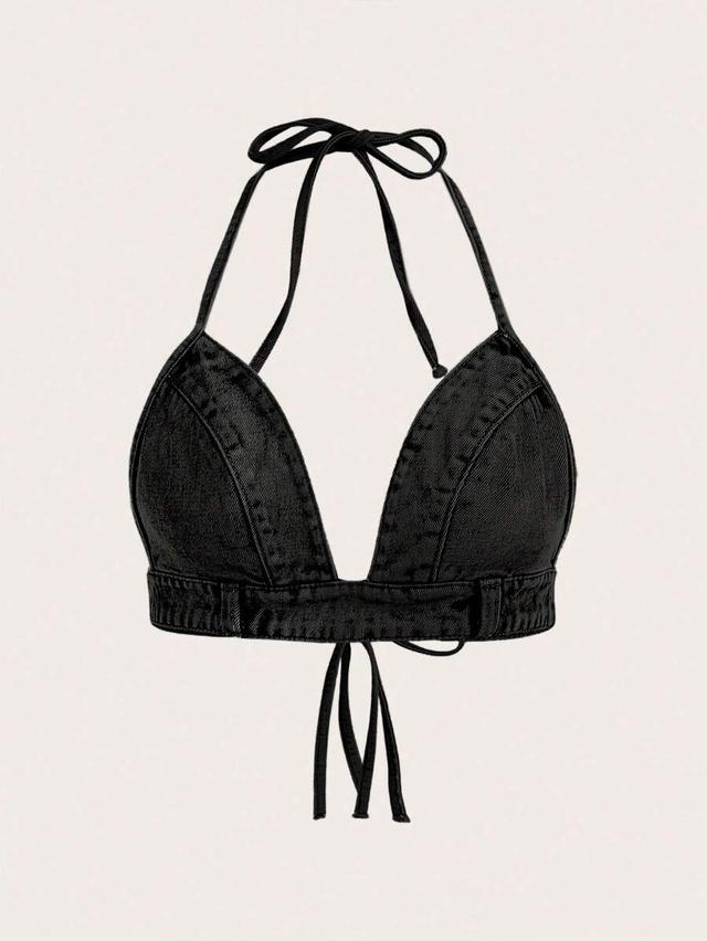 black denim halter backless tie top