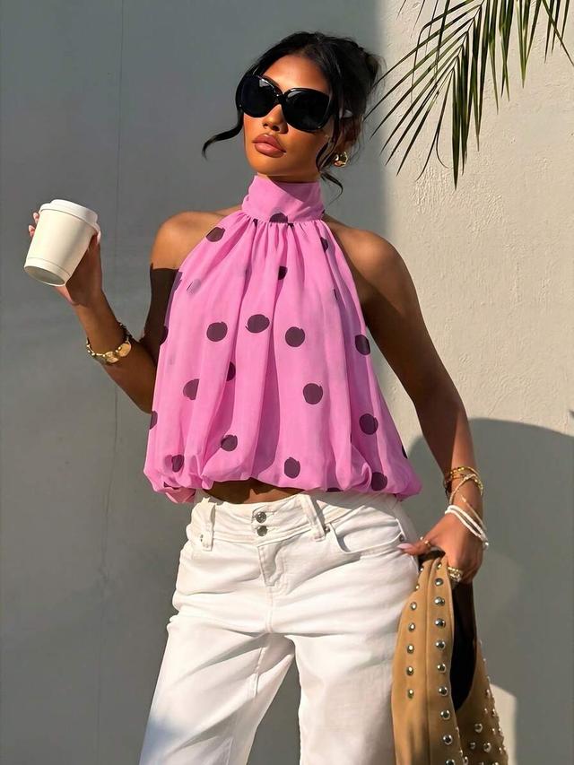 pink polka dot halter neck sleeveless blouse