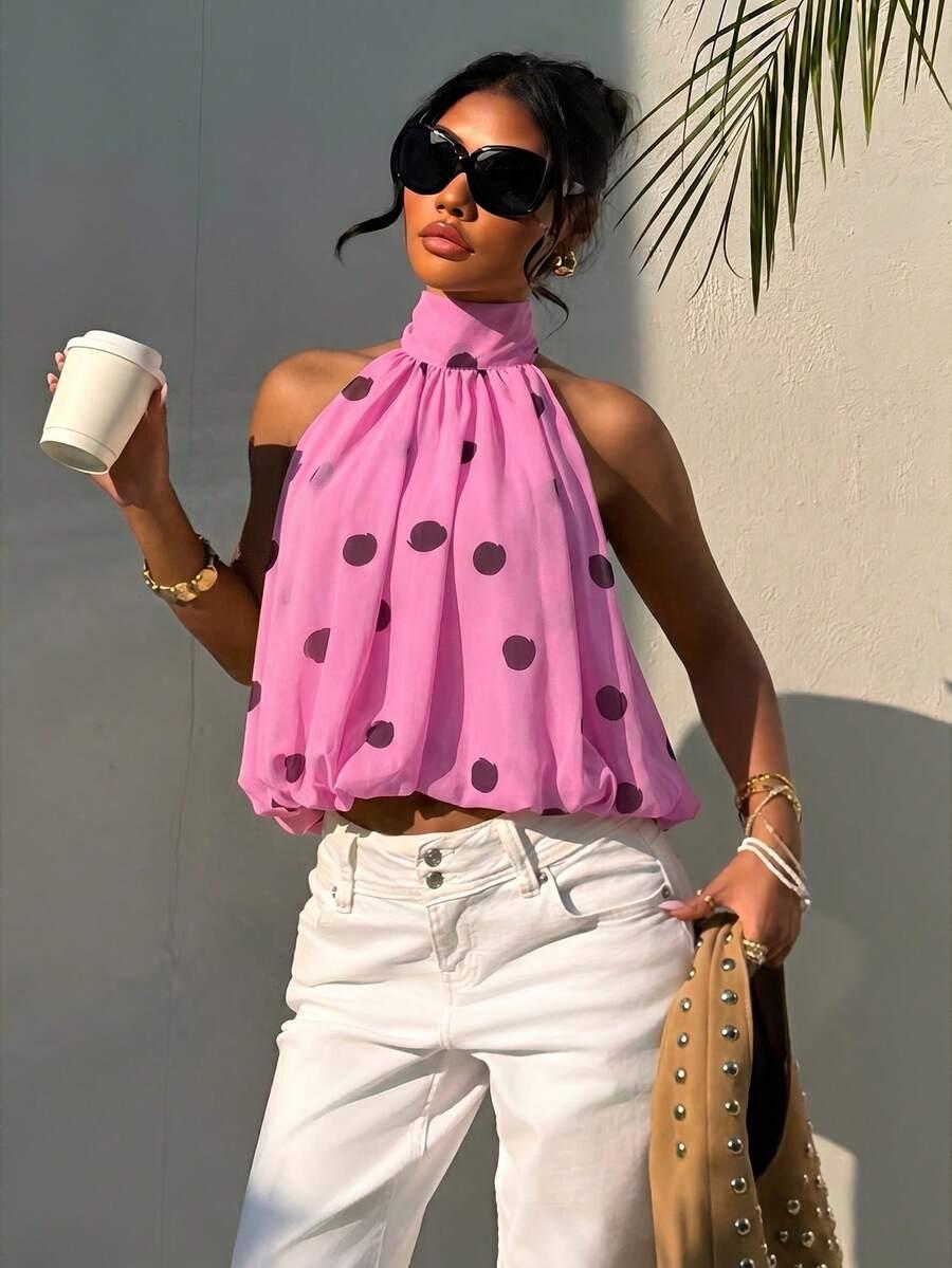 pink polka dot halter neck sleeveless blouse