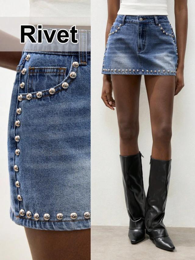 studded blue denim mini skirt