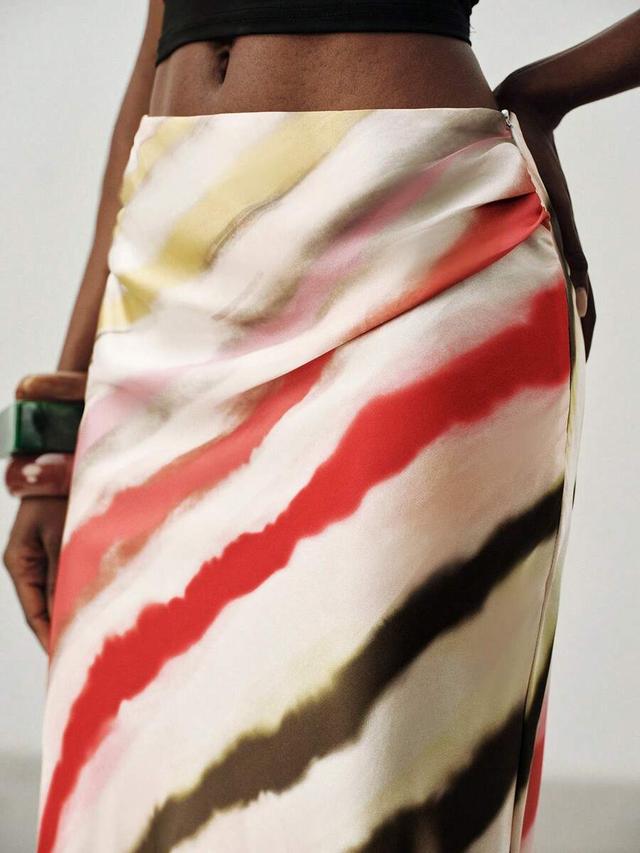 diagonal striped satin bias cut midi skirt