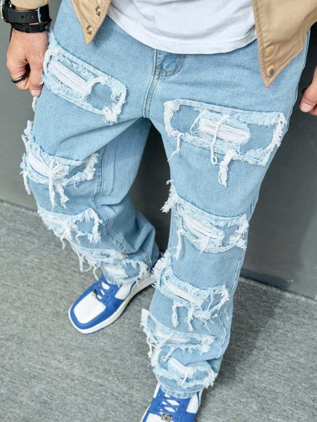 men's light wash distressed loose fit wide leg jeans
