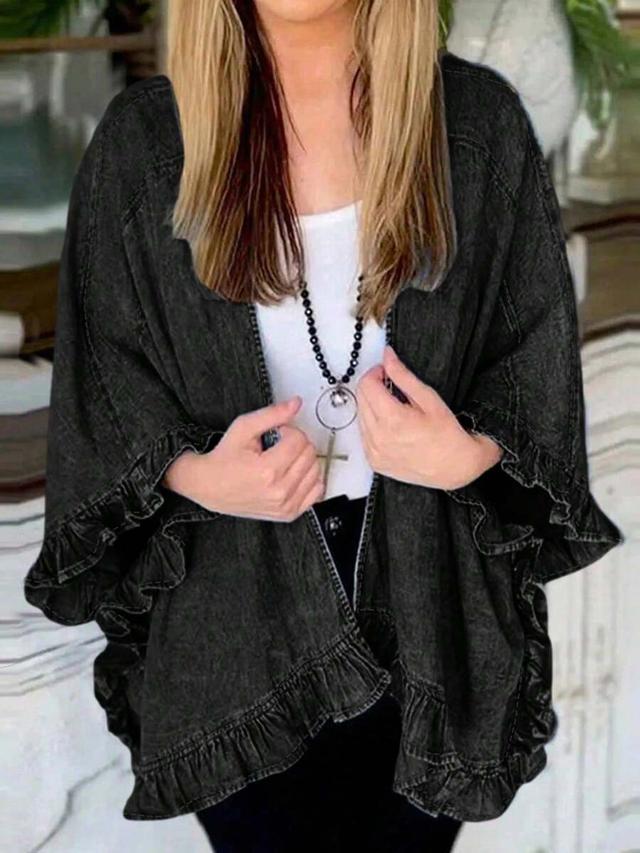 women's black ruffle trim open front denim cardigan