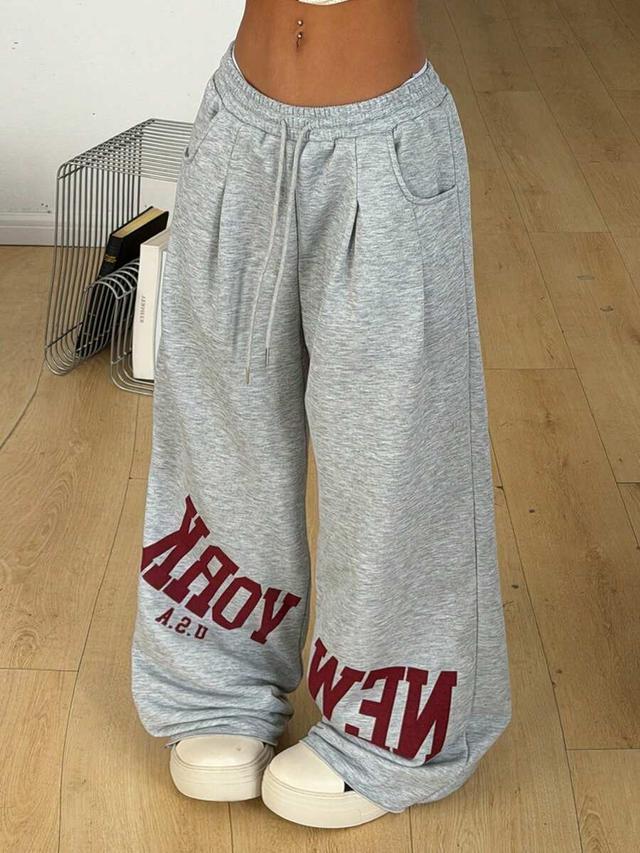 grey graphic wide leg casual sporty trousers