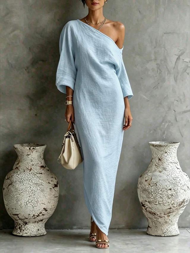textured off-shoulder relaxed fit light blue dress