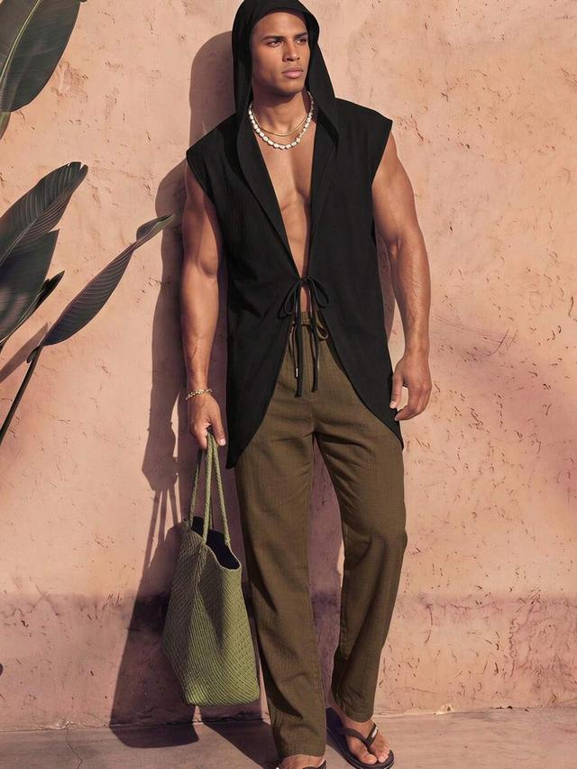 black woven hooded sleeveless casual festival shirt