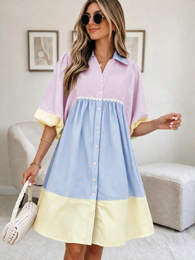 striped patchwork striped colorblock button-down shirt dress