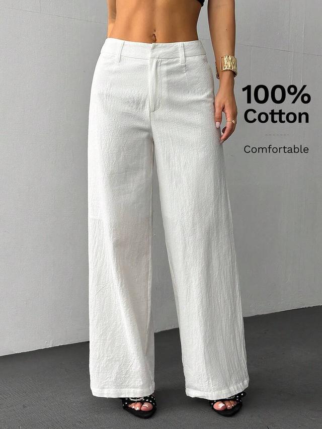 white 100% cotton wide-leg casual trousers