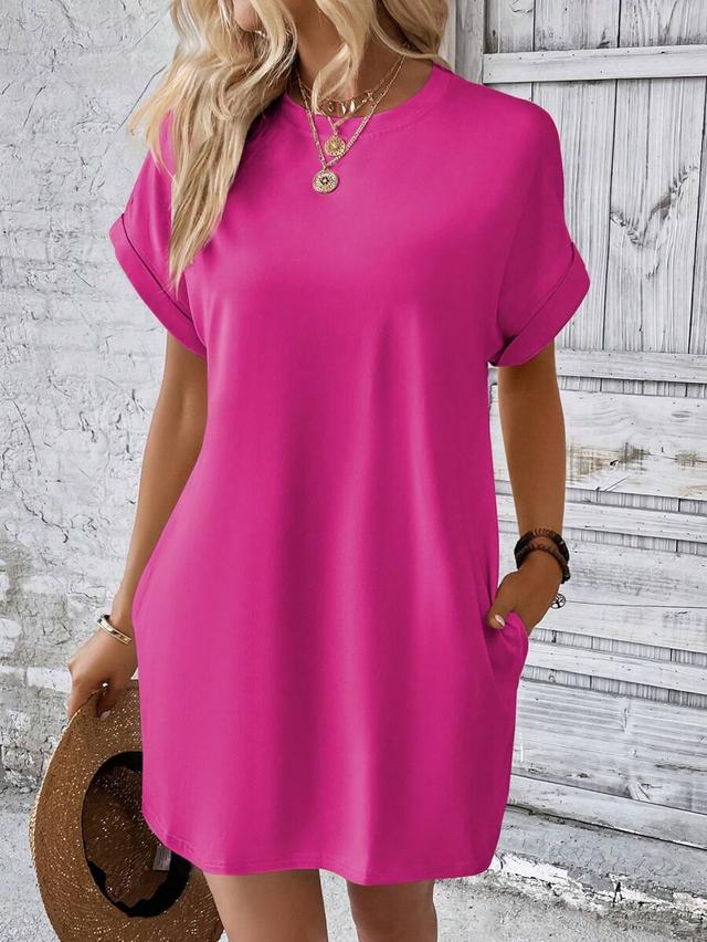 fuchsia pink casual shift dress with cuffed sleeves