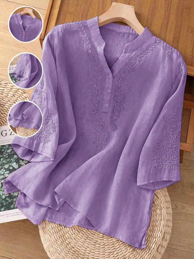 women's purple linen embroidered boho blouse