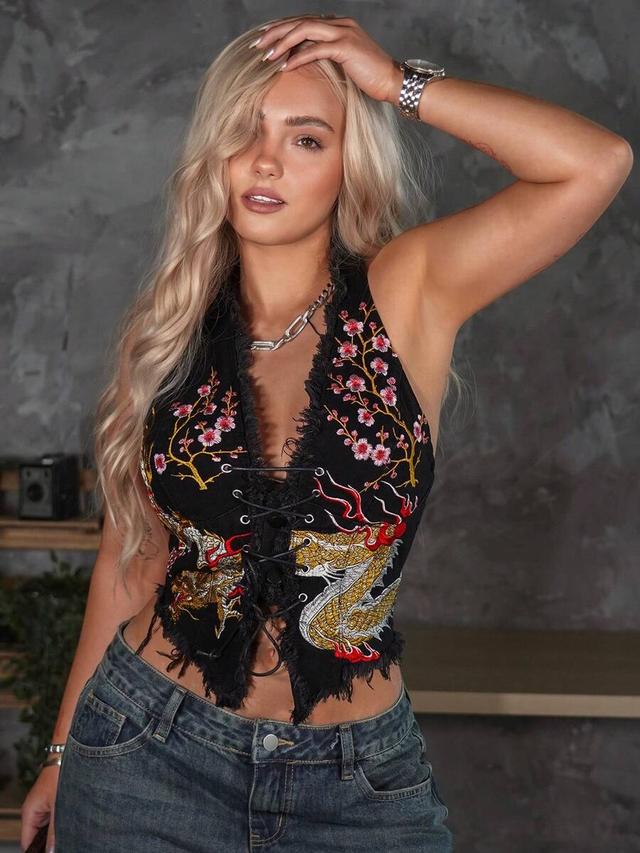 embroidered halter denim top with lace-up front