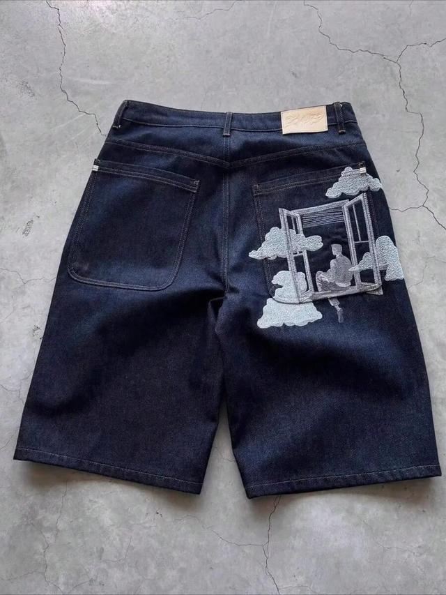 men's art embroidery pattern dark denim shorts