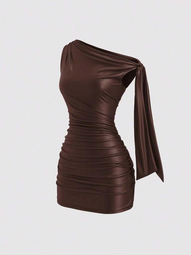 coffee brown asymmetric ruched mini party dress