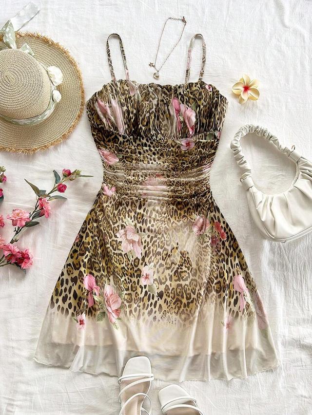 pink leopard print mesh strap summer dress