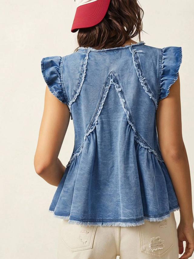 denim ruffle sleeve peplum top with frayed edges