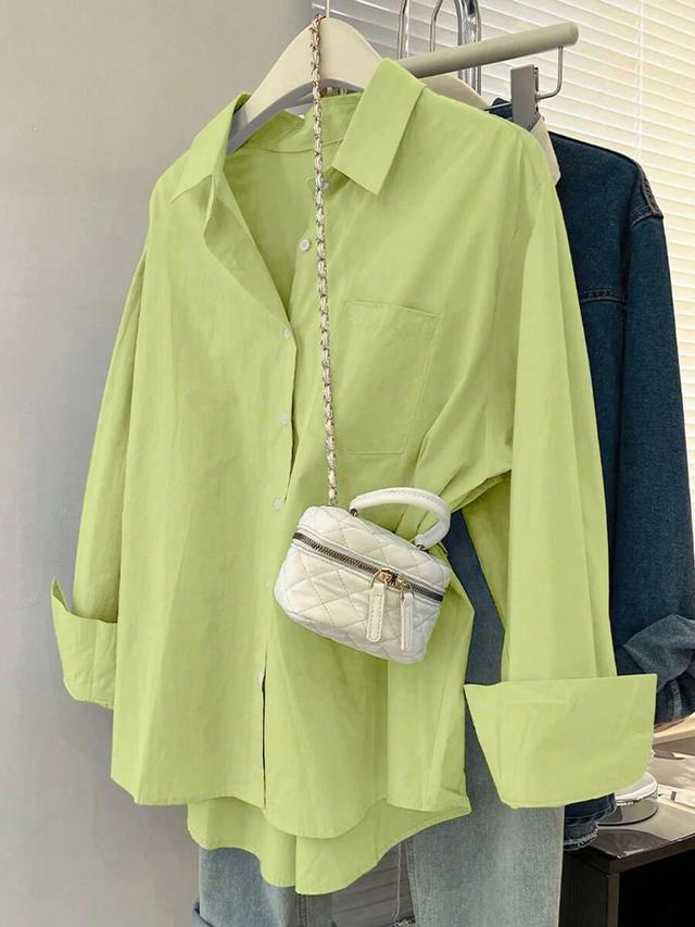 lime green solid color long sleeve cotton blouse
