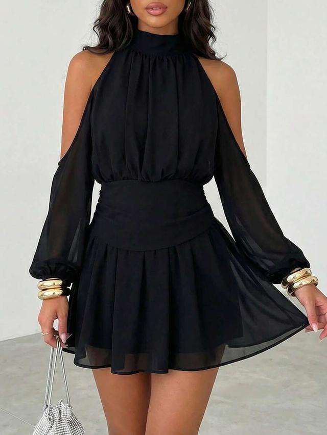 black chiffon cold-shoulder mini dress with gathered waist