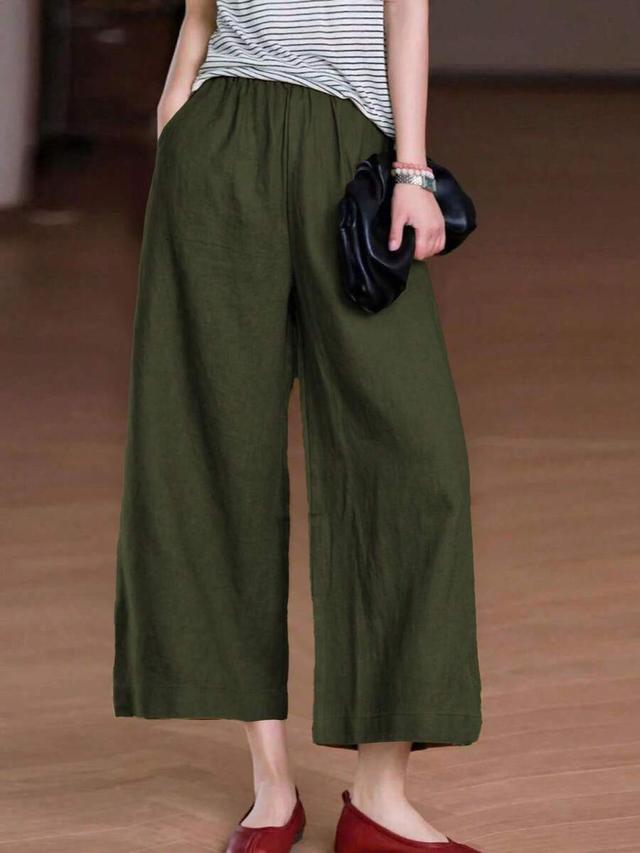 olive green linen wide leg elastic waist trousers