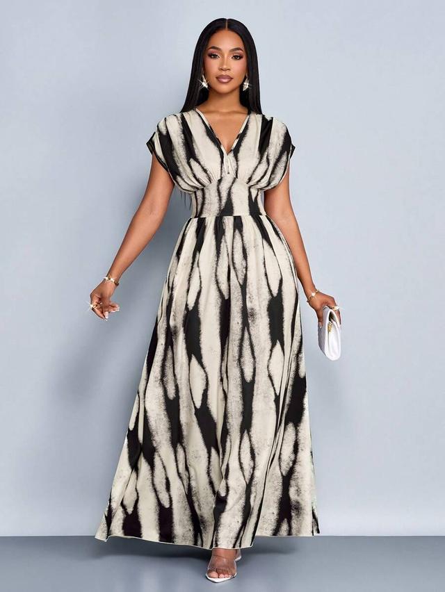 black and apricot floral v-neck pleated chiffon dress