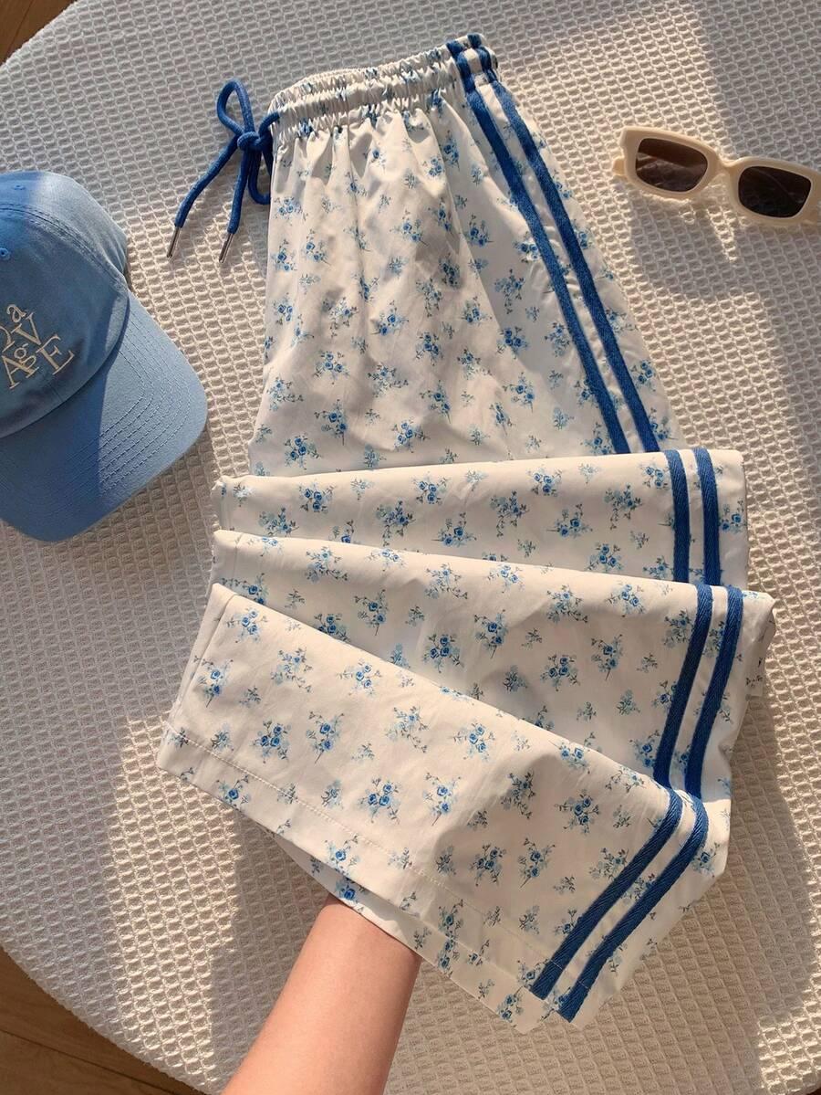 floral print elastic waist casual loose fit sports pants