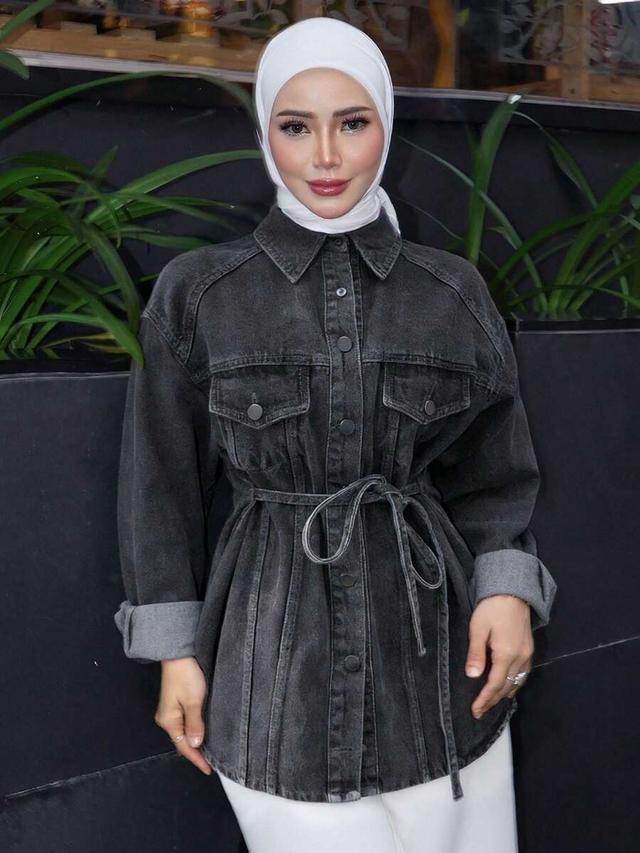 washed black denim belted jacket with chest pockets