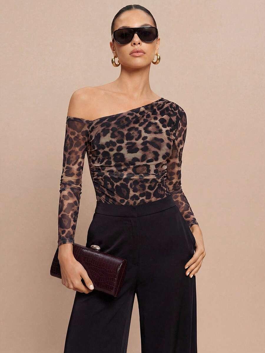 leopard print sheer mesh long sleeve bodysuit