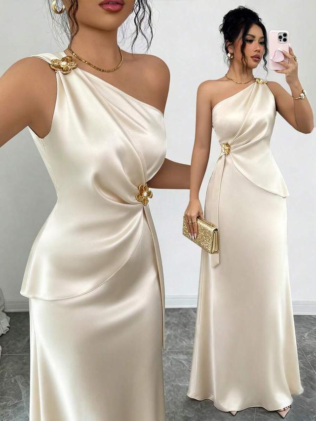 one-shoulder cream satin midi dress with floral accents