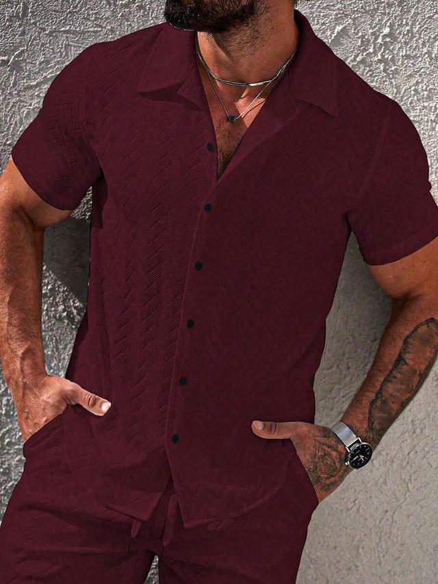 burgundy textured short sleeve button down shirt