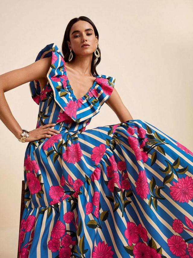 blue stripe and pink floral v-neck ruffle midi dress
