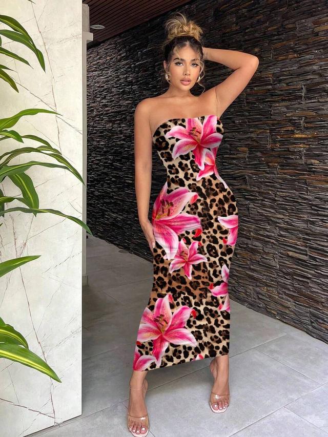 strapless leopard and floral print midi dress