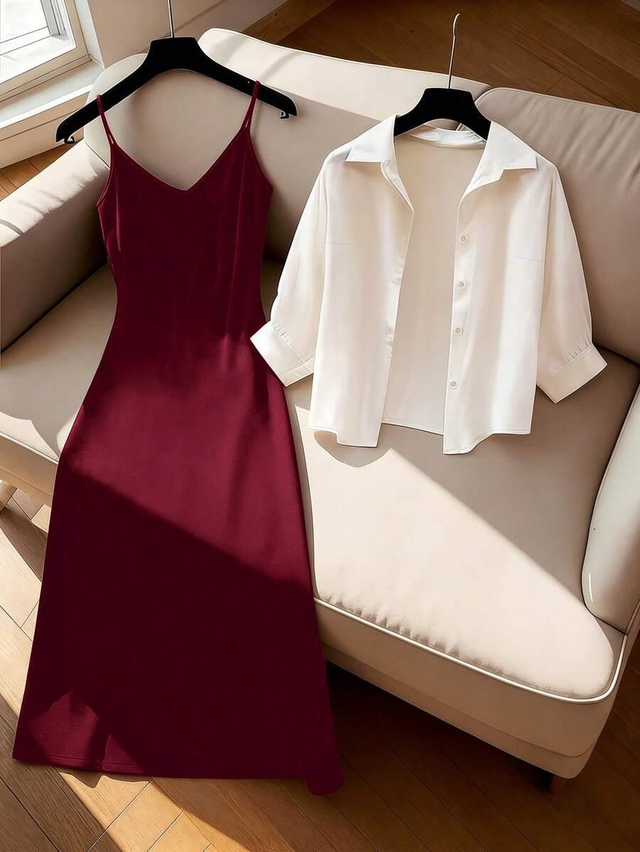 burgundy camisole dress and white button-up shirt set