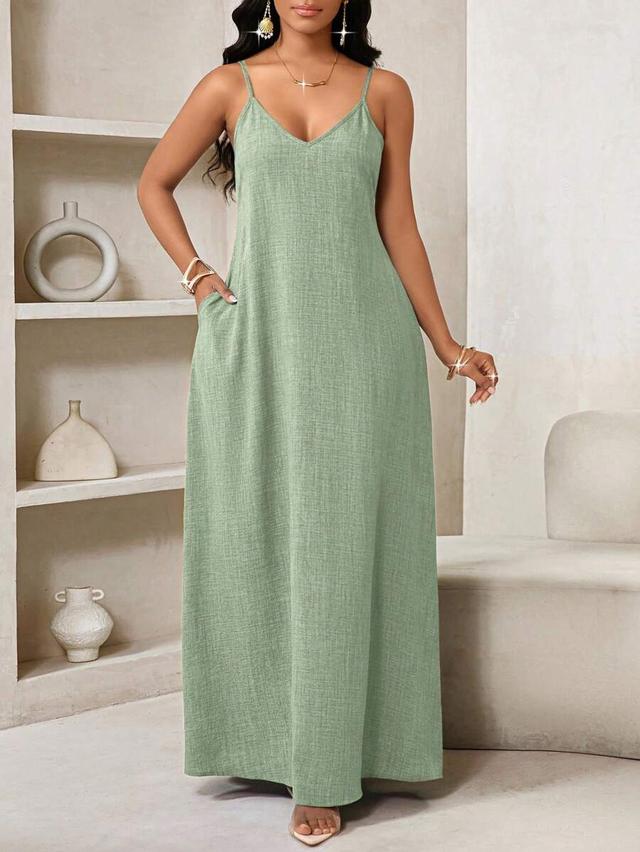sage green linen blend spaghetti strap maxi dress