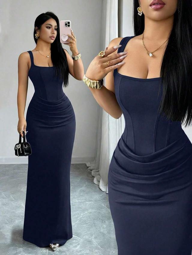 navy blue square neck faux boning bodycon fishtail gown