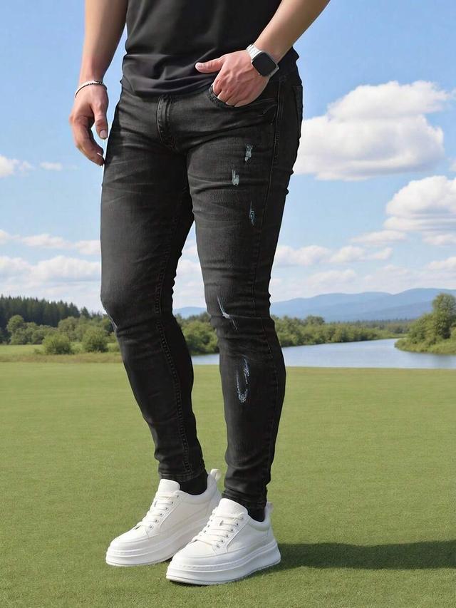 men's casual lightweight tight black distressed jeans