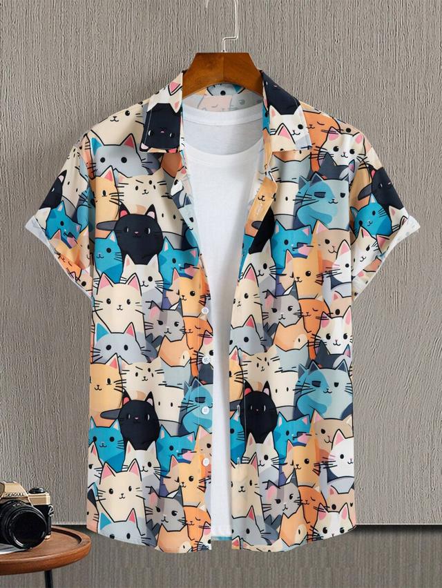 colorful cartoon cat printed short sleeve button up shirt