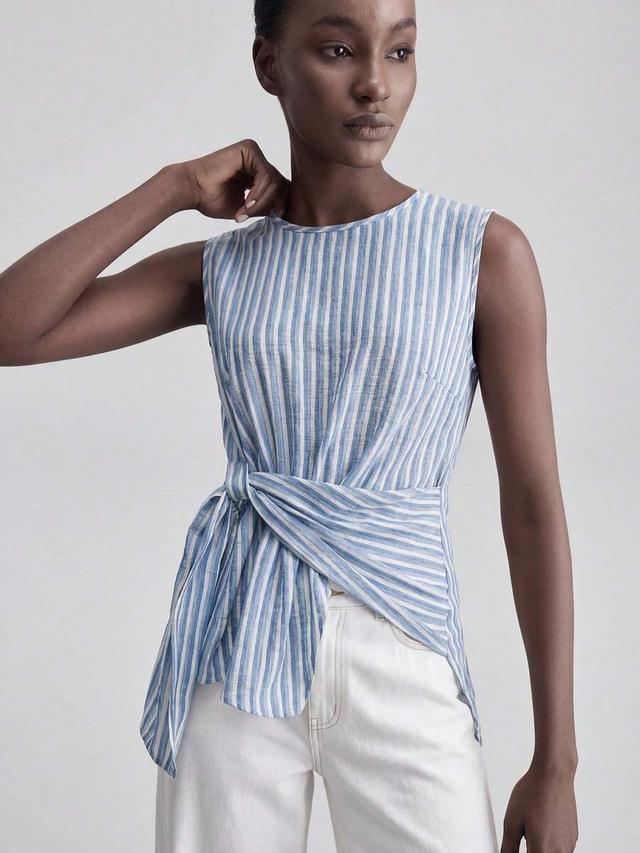 blue and white stripe sleeveless waist tie blouse