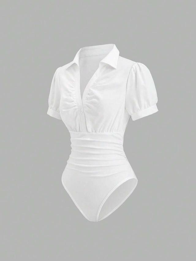 white collared puff sleeve ruched bodysuit