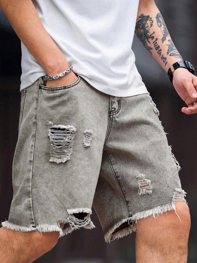 grey distressed frayed denim baggy shorts