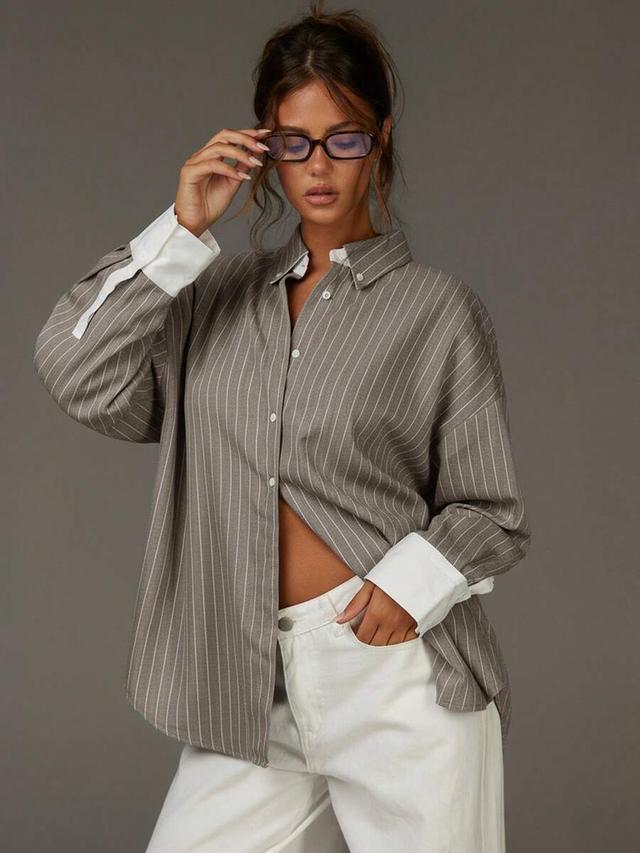 women's front button drop shoulder contrast striped shirt