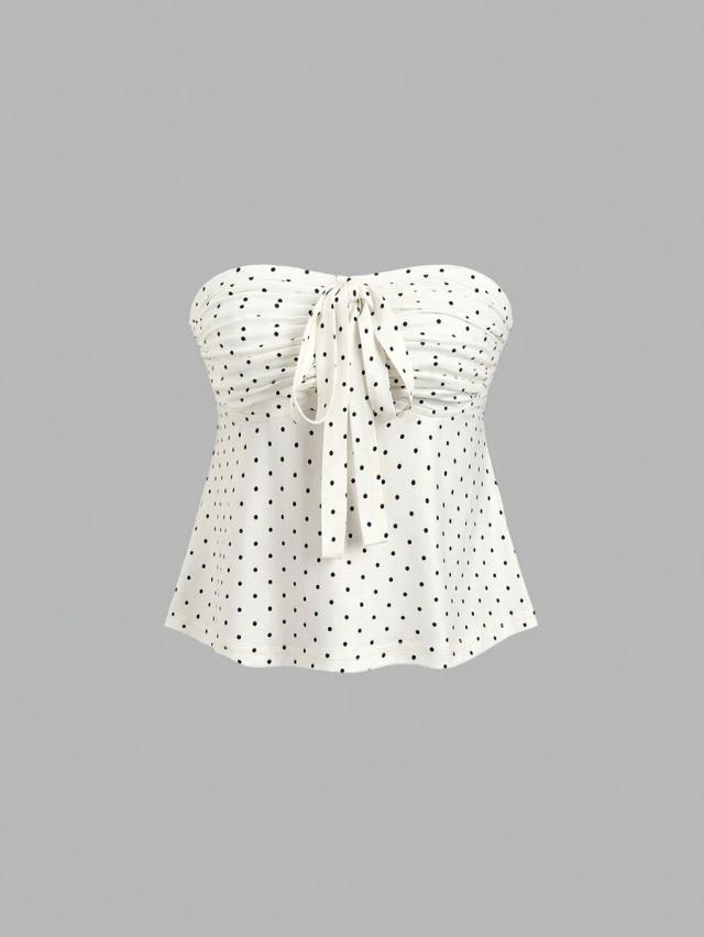 sweetra romantic polka dot bow knot pleated bandeau top