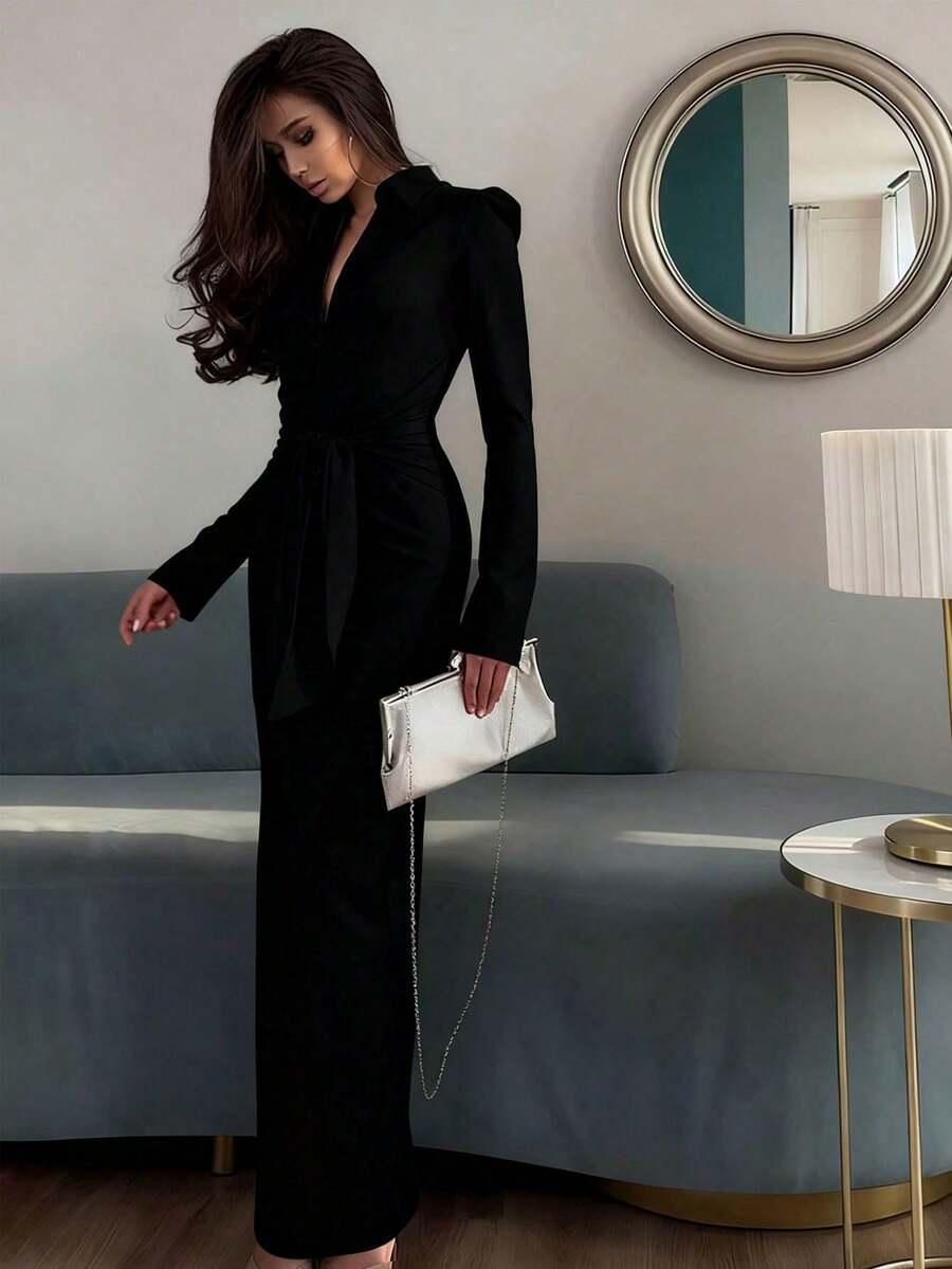 elegant long sleeve solid black slim fit dress