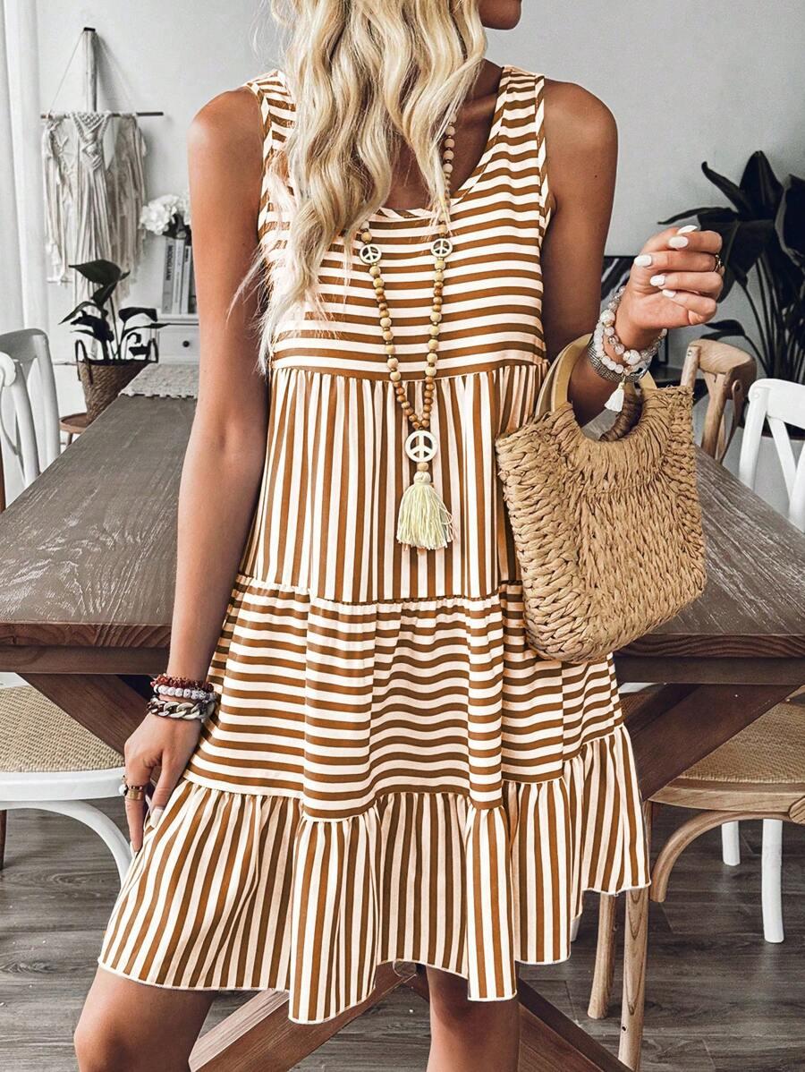 brown and white striped tiered sleeveless cotton dress