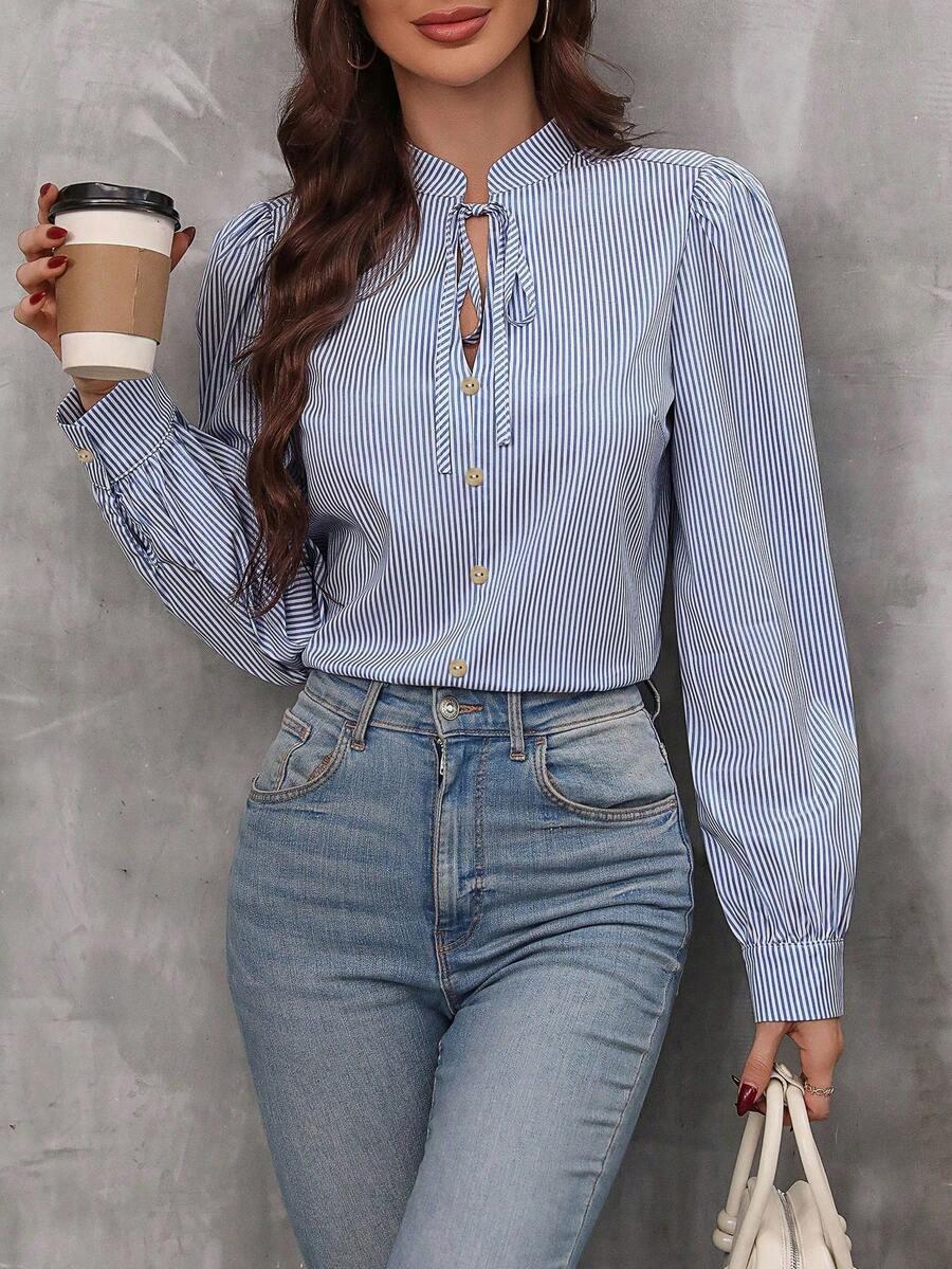blue and white striped tie neck lantern sleeve blouse