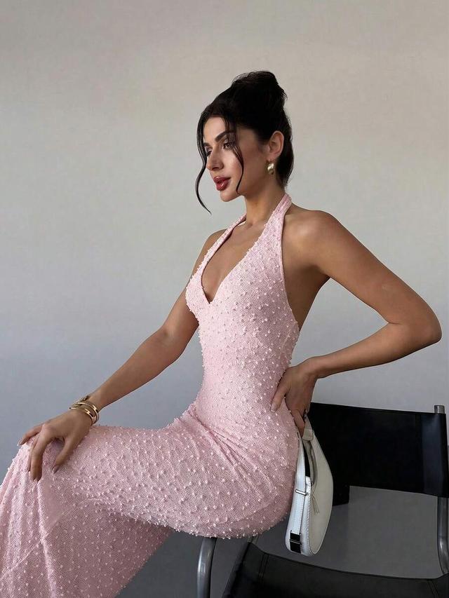 pink textured v-neck sleeveless bodycon maxi dress