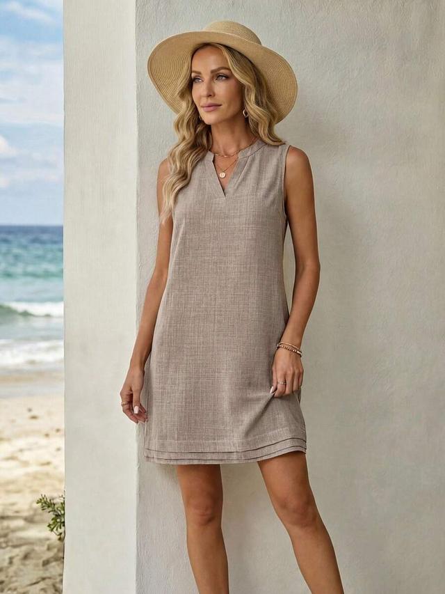 brown v-neck sleeveless casual mini shift dress