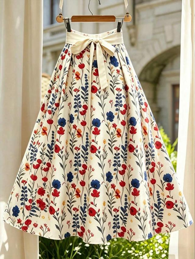 floral print high-waisted midi skirt with waist tie