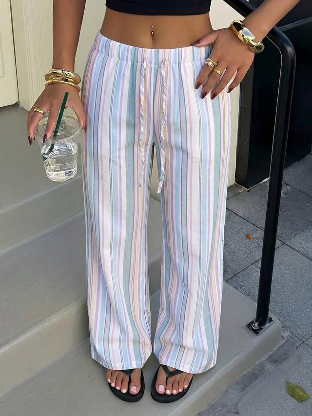 women's striped elastic waist drawstring loose casual pants