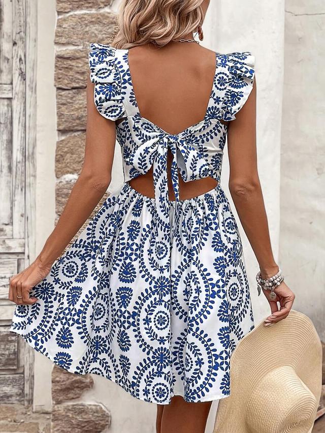 blue and white printed lotus ruffle backless dress