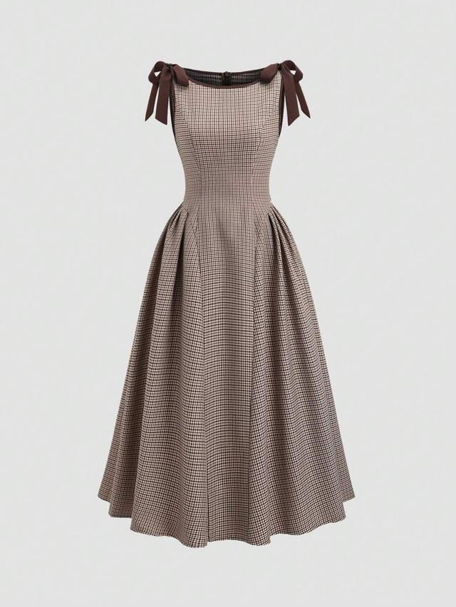 retro houndstooth contrast tie bowknot slim fit skater dress